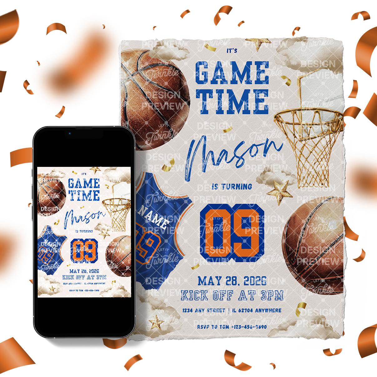 Basketball Geburtstagseinladung Blau & Gelb