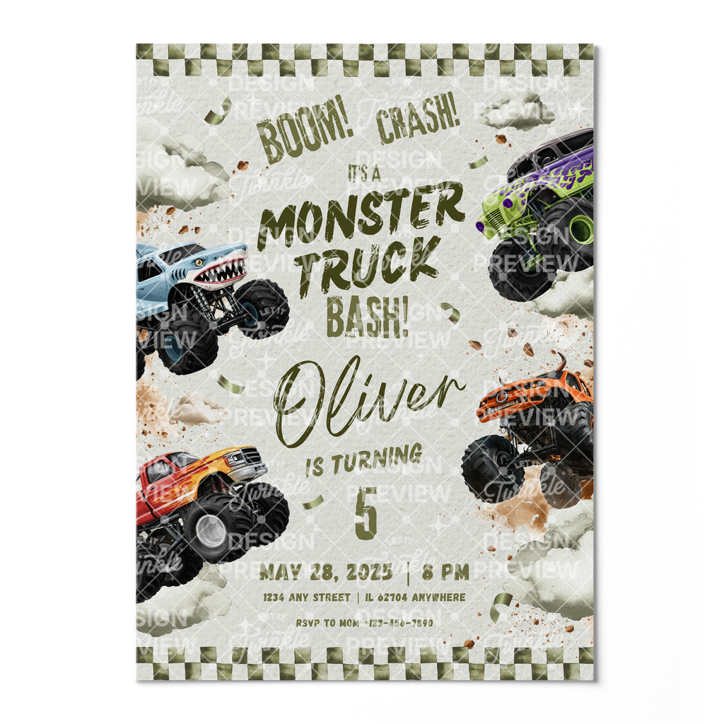 Monster Truck Bash Birthday Invitation Template • Editable Canva Invitation • Green