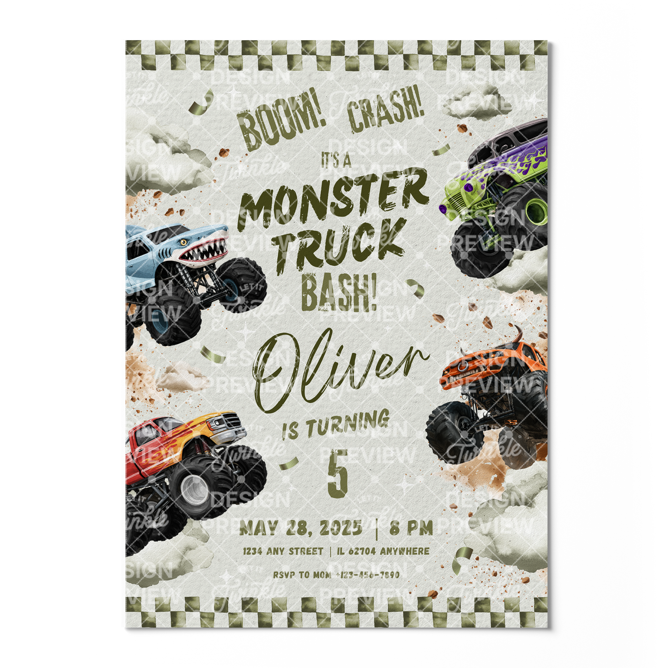 Monstertruck Geburtstagseinladung Lila & Blau