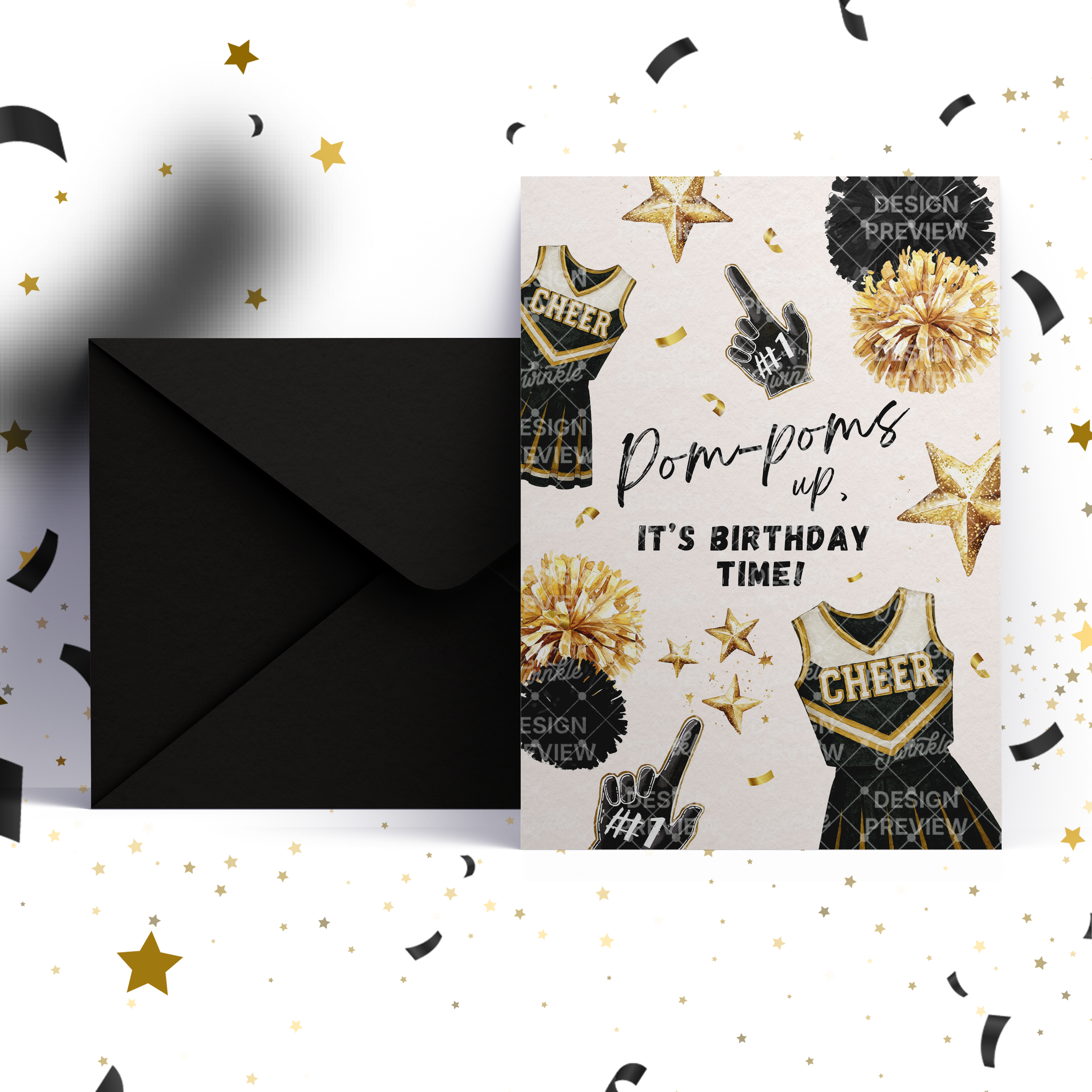 Cheerleader Birthday Invitation Template • Editable Canva Invitation • Black & Beige
