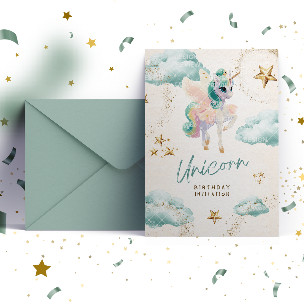 Unicorn Birthday Invitation Template • Editable Canva Invitation • Pastel Turquoise