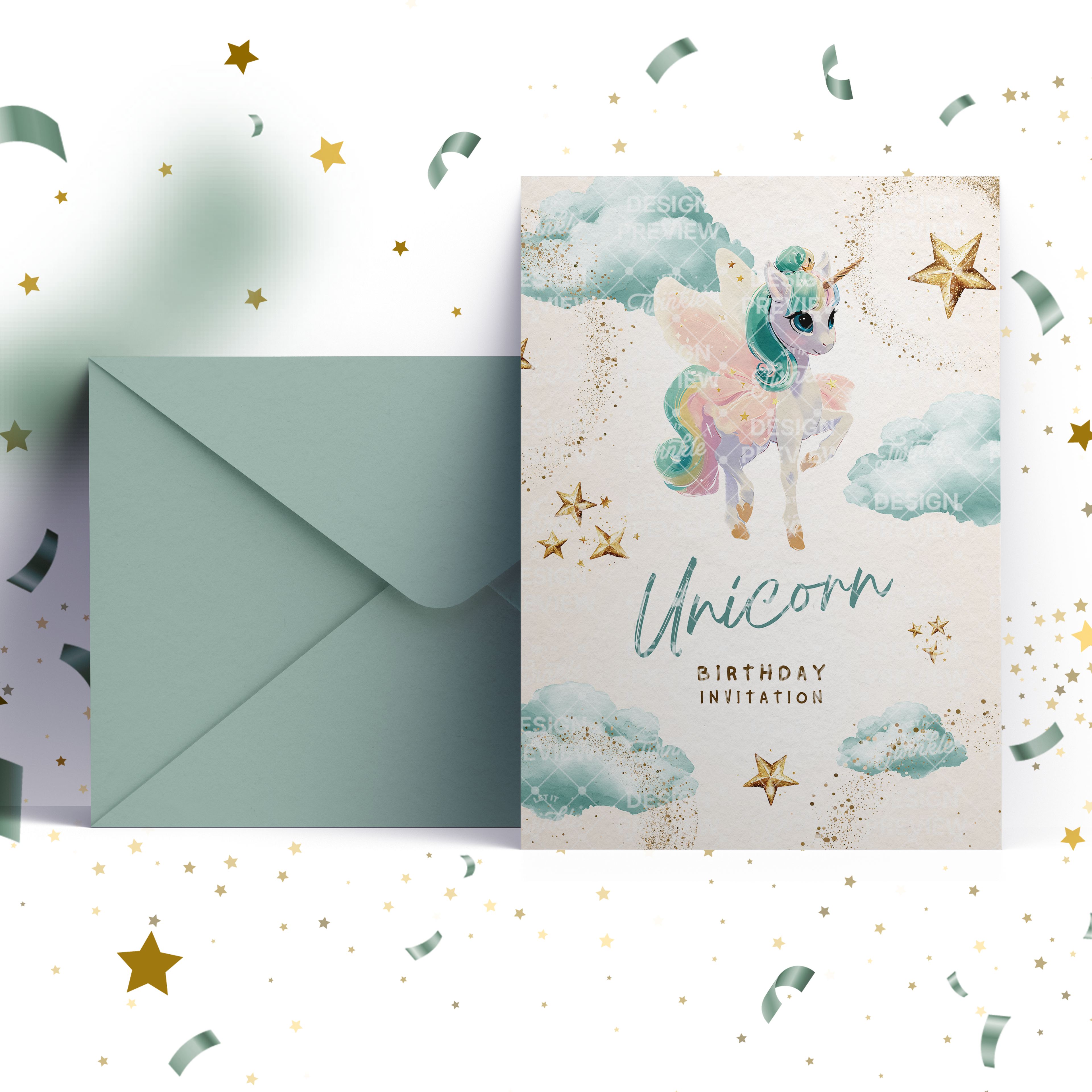 Unicorn Birthday Invitation Template • Editable Canva Invitation • Pastel Turquoise