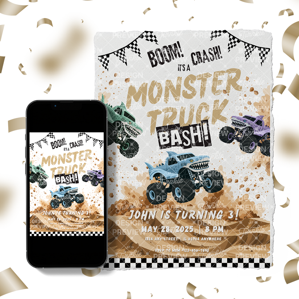 Monster Truck Bash Birthday Invitation Template • Editable Canva Invitation • Blue, Turquoise & Purple