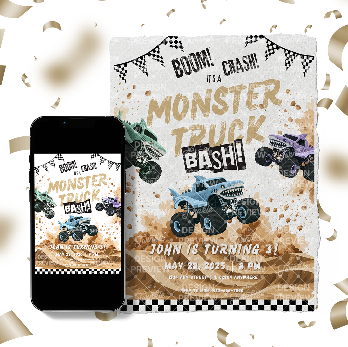 Monster Truck Bash Birthday Invitation Template • Editable Canva Invitation • Blue, Turquoise & Purple
