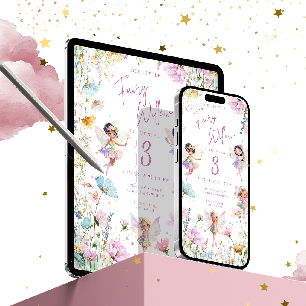 Fairy Flowers Birthday Invitation Template • Editable Canva Invitation • Pastel