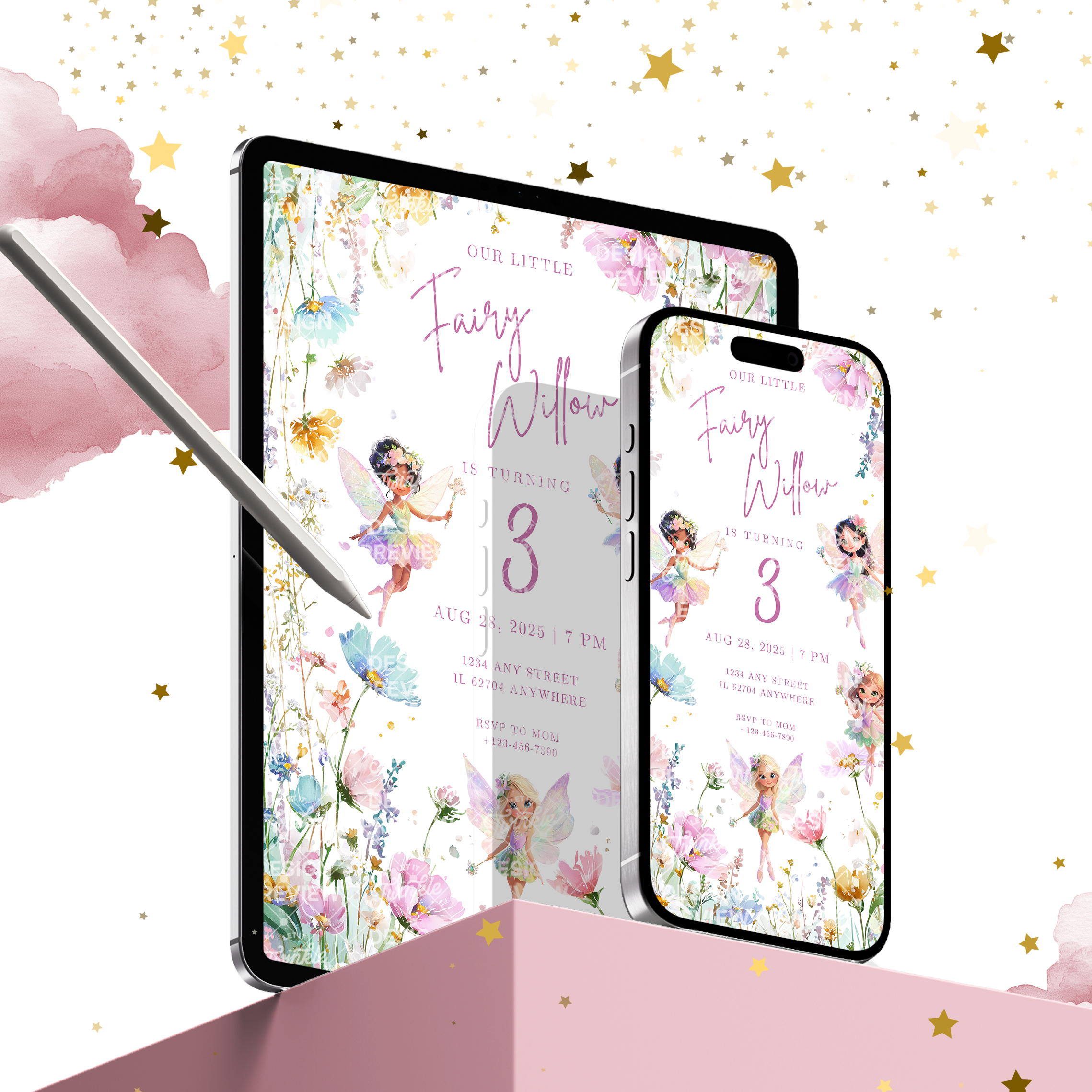 Fairy Flowers Birthday Invitation Template • Editable Canva Invitation • Pastel