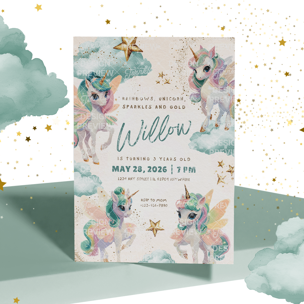 Unicorn Birthday Invitation Template • Editable Canva Invitation • Pastel Turquoise