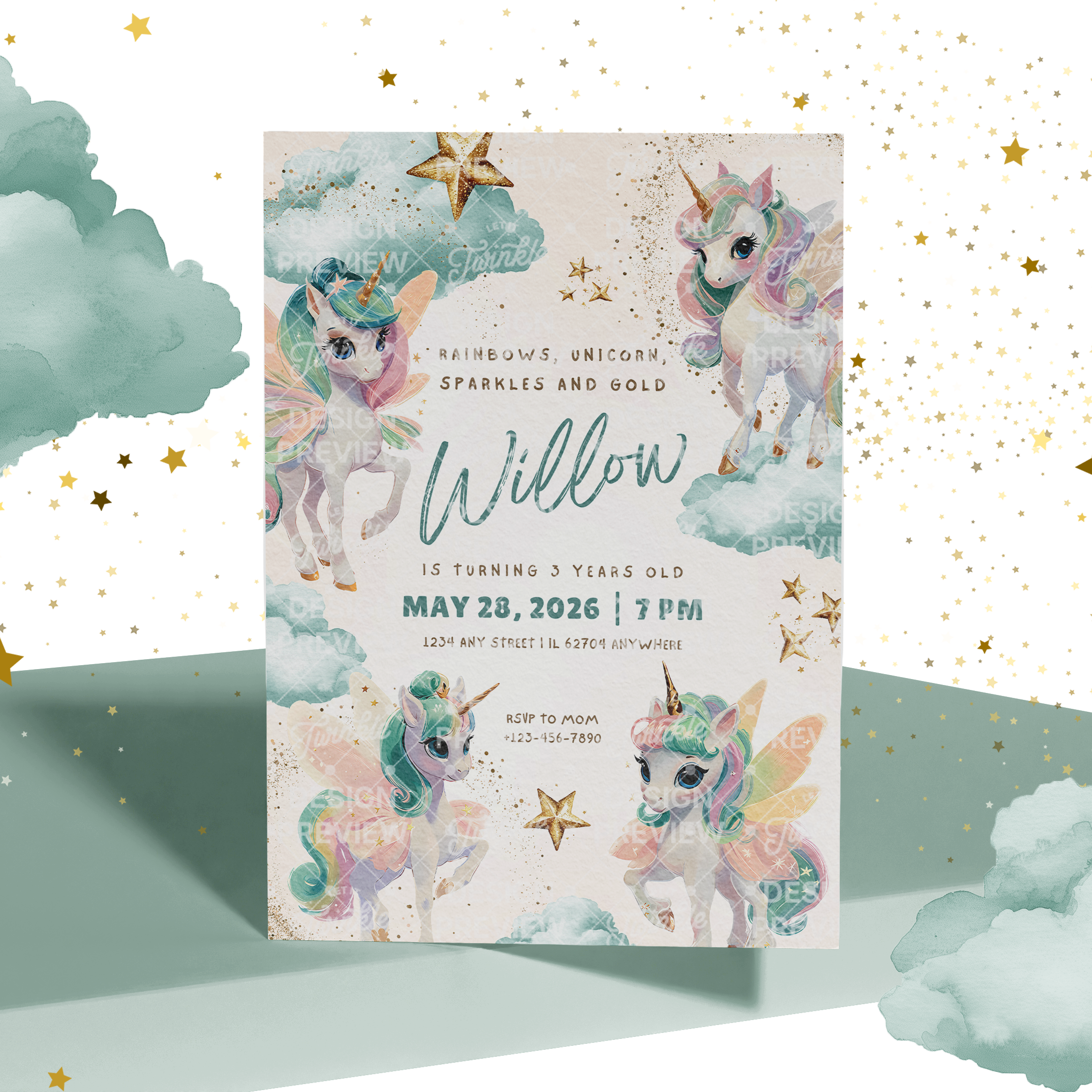 Unicorn Birthday Invitation Template • Editable Canva Invitation • Pastel Turquoise