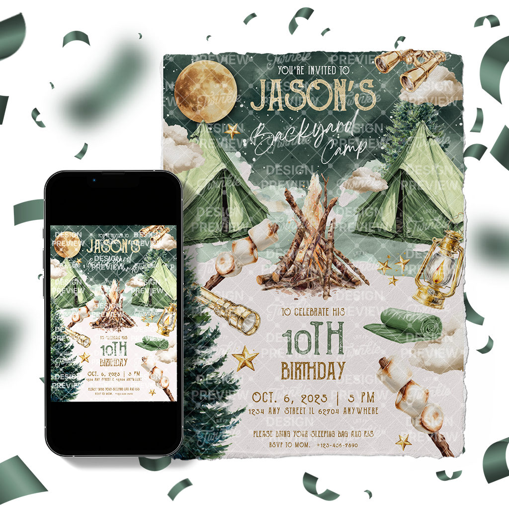 Camping Birthday Invitation Template • Editable Canva Invitation • Beige & Green