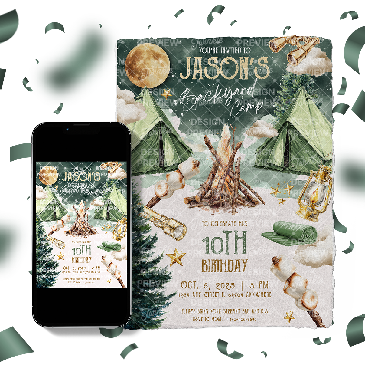 Camping Birthday Invitation Template • Editable Canva Invitation • Beige & Green