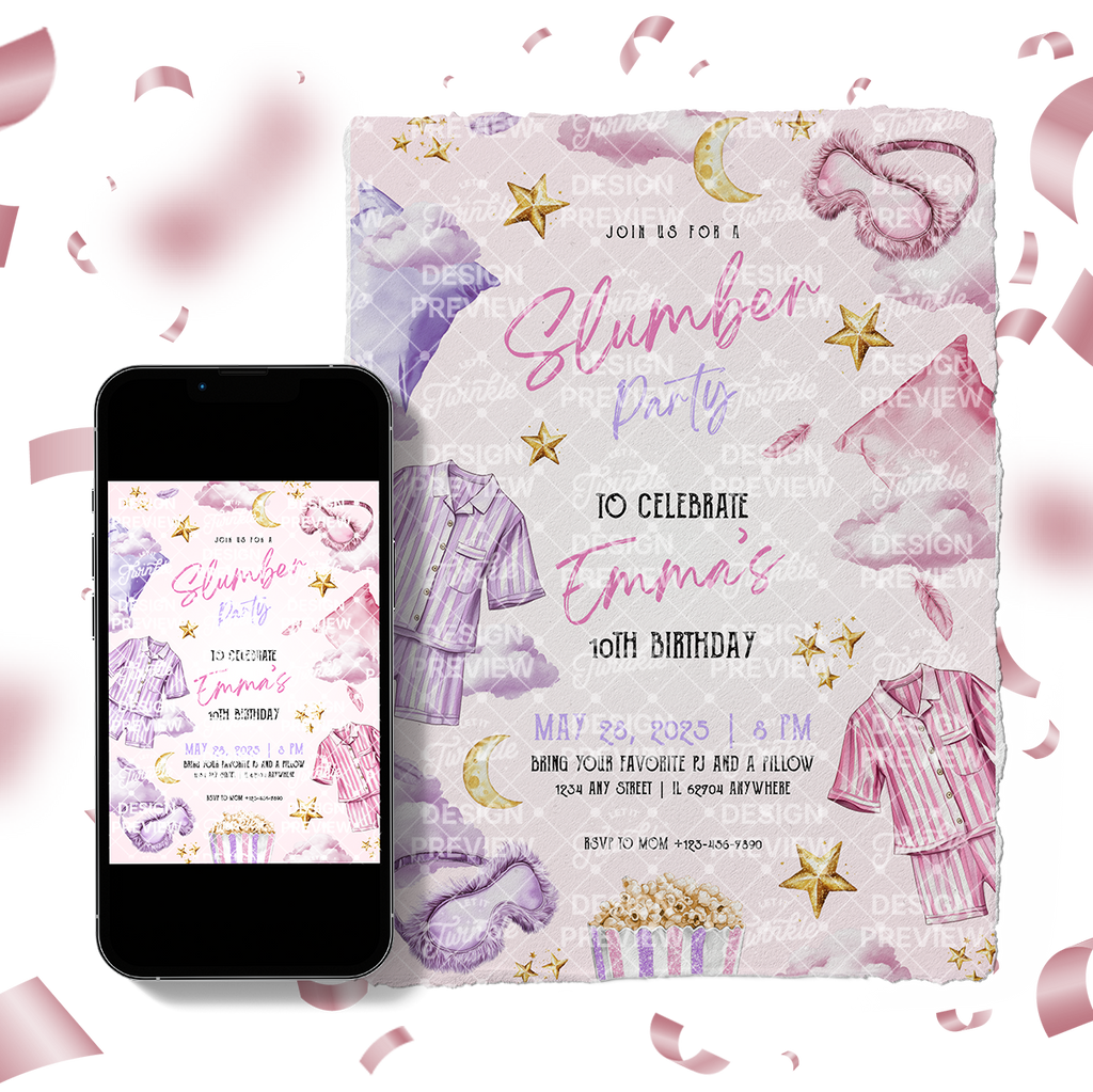Slumber Party Birthday Invitation Template • Editable Canva Invitation • Purple & Pink