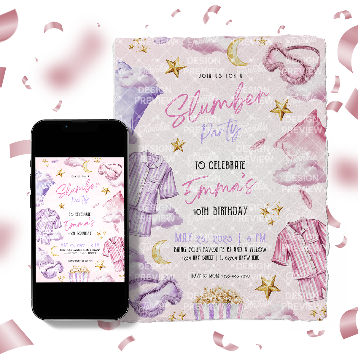 Slumber Party Birthday Invitation Template • Editable Canva Invitation • Purple & Pink