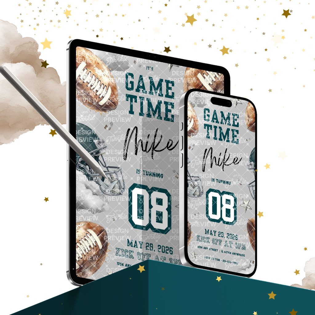 Football Birthday Invitation Template • Editable Canva Invitation • Gray & Dark Teal