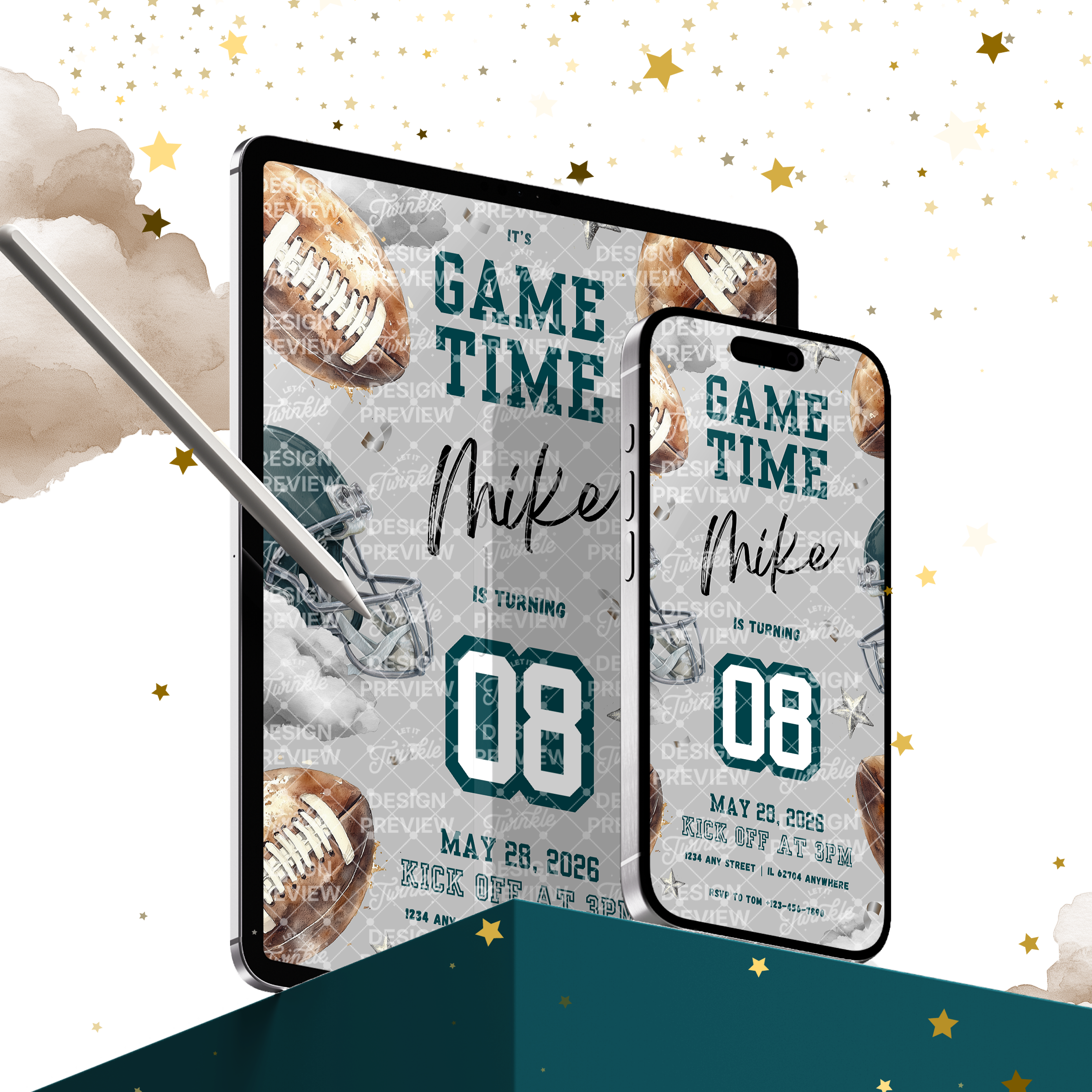 Football Birthday Invitation Template • Editable Canva Invitation • Gray & Dark Teal