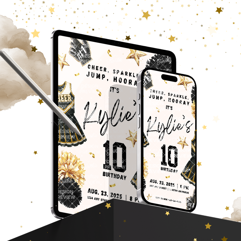 Cheerleader Birthday Invitation Template • Editable Canva Invitation • Black & Beige
