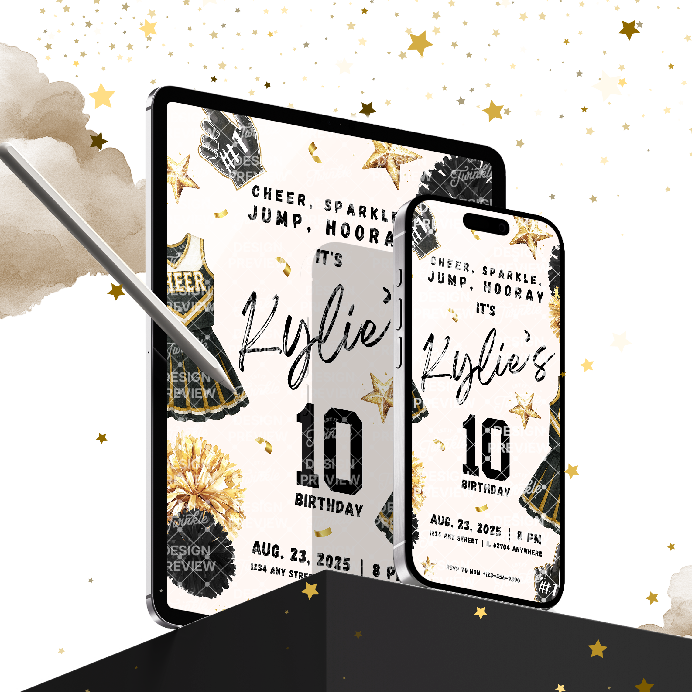 Cheerleader Birthday Invitation Template • Editable Canva Invitation • Black & Beige