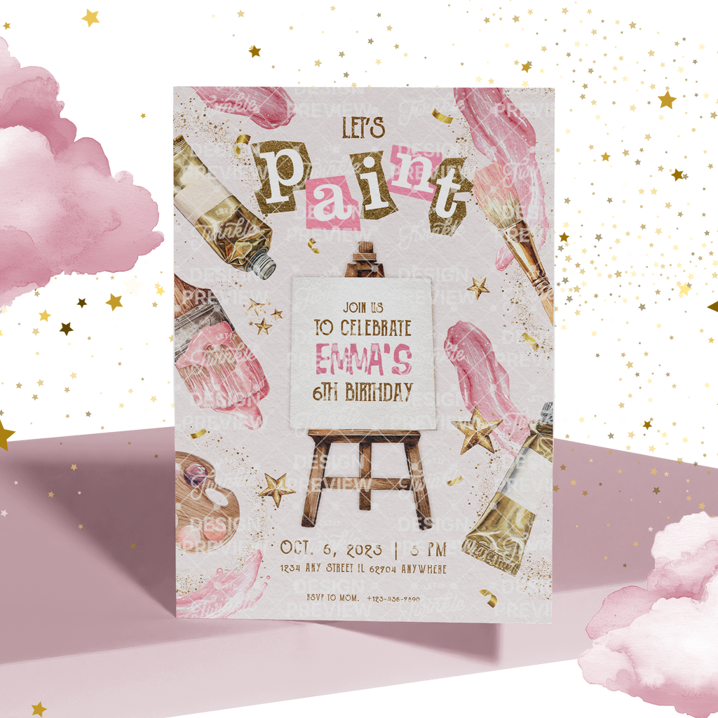 Art Birthday Invitation Template • Editable Canva Invitation • Pink & Beige