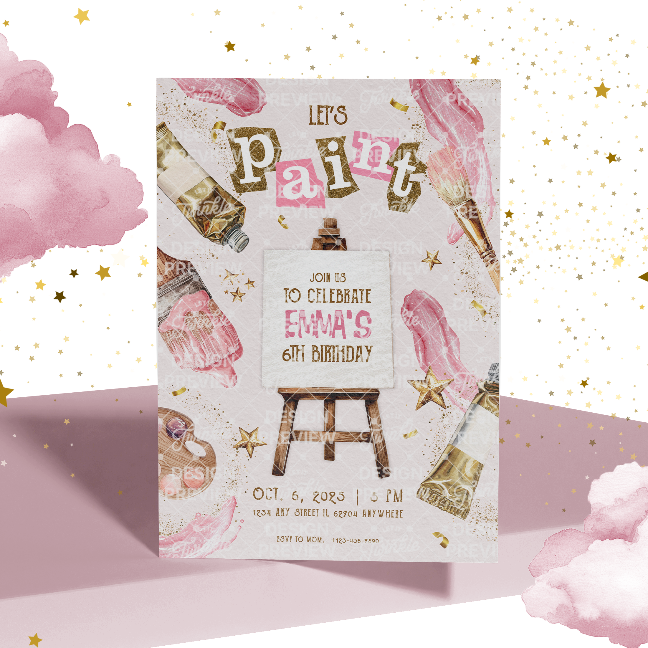 Art Birthday Invitation Template • Editable Canva Invitation • Pink & Beige