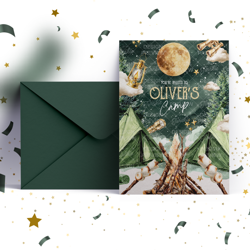 Camping Birthday Invitation Template • Editable Canva Invitation • Beige & Green