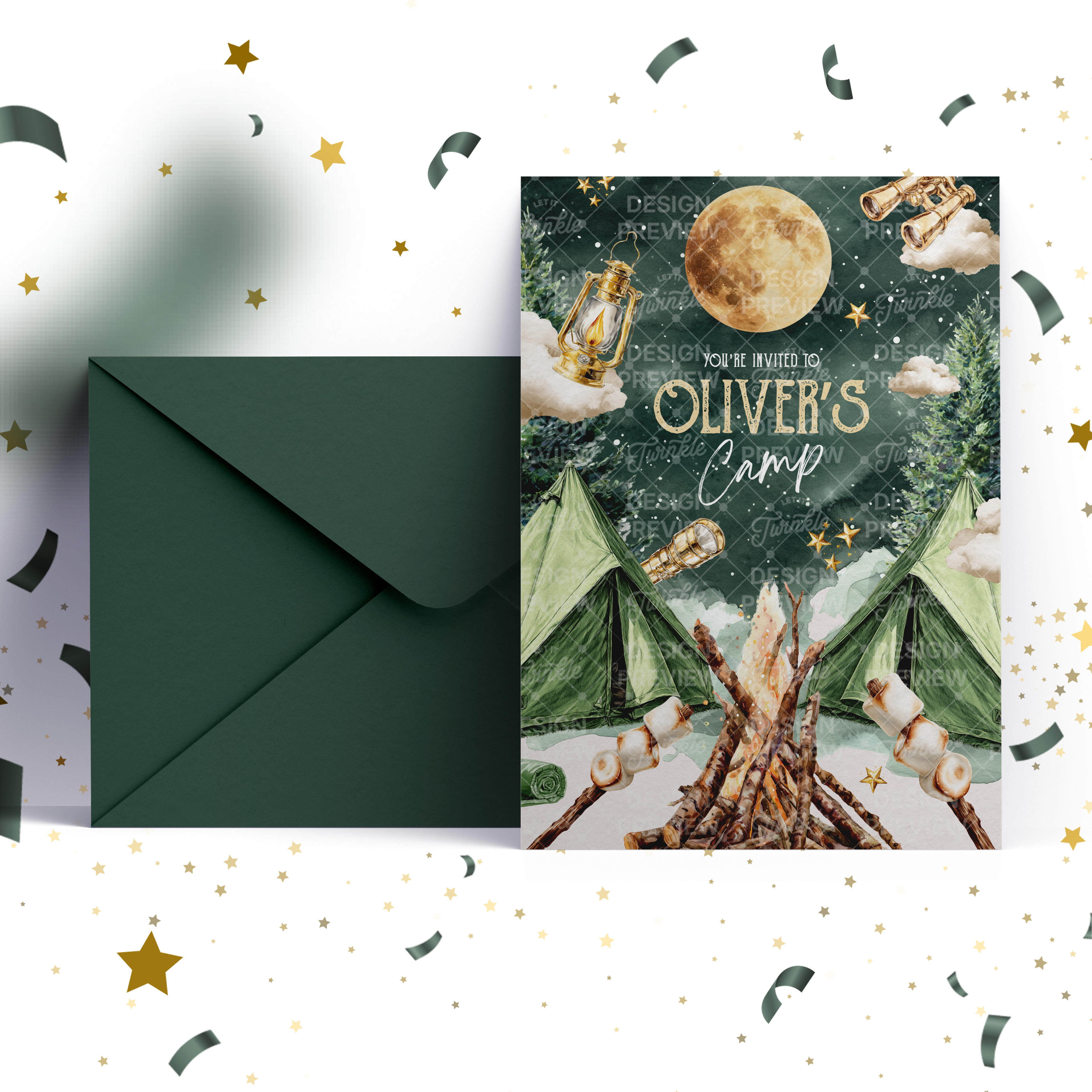 Camping Birthday Invitation Template • Editable Canva Invitation • Beige & Green