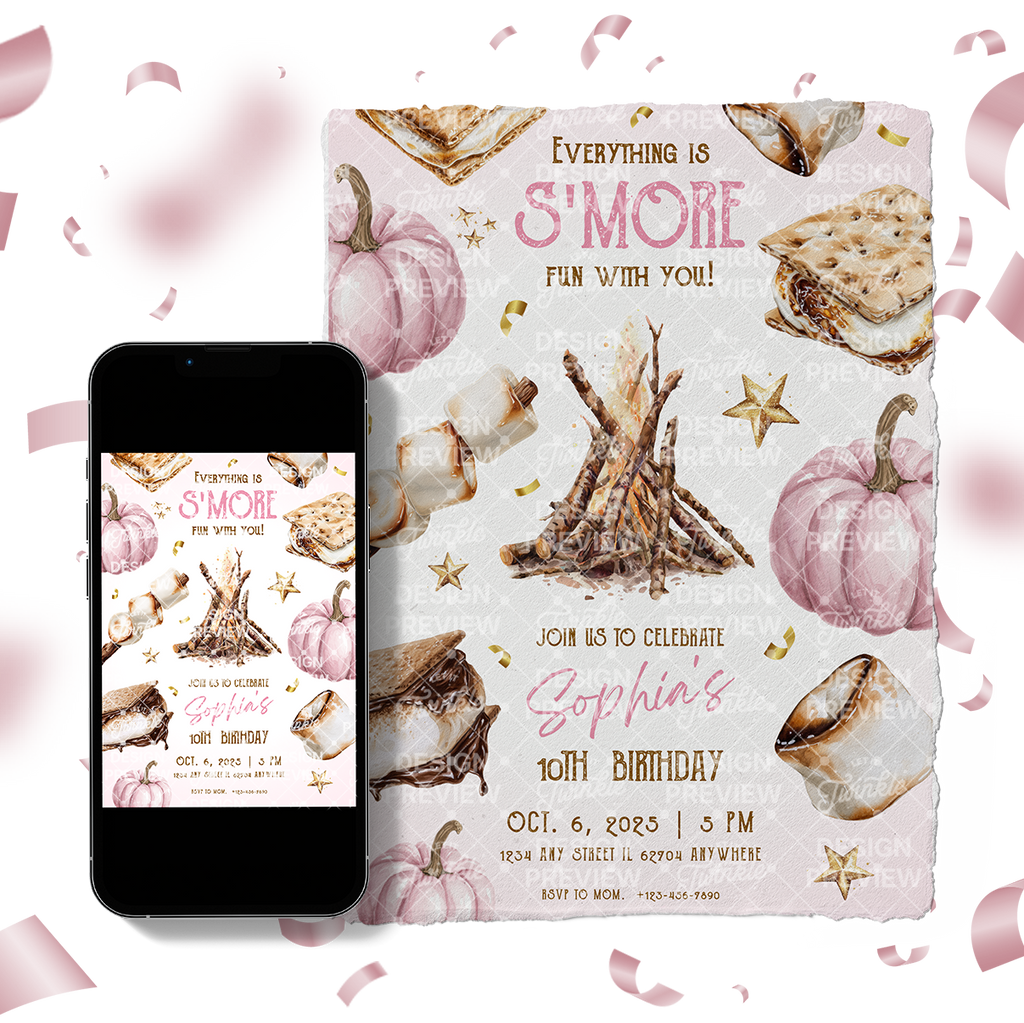S'more Birthday Invitation Template • Editable Canva Invitation • Pink & Gold