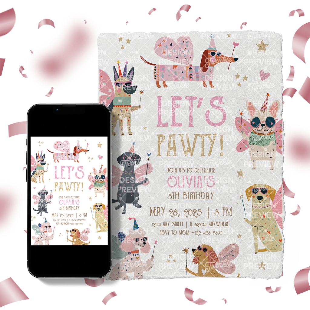 Let's Pawty Birthday Invitation Template • Editable Canva Invitation • Pink