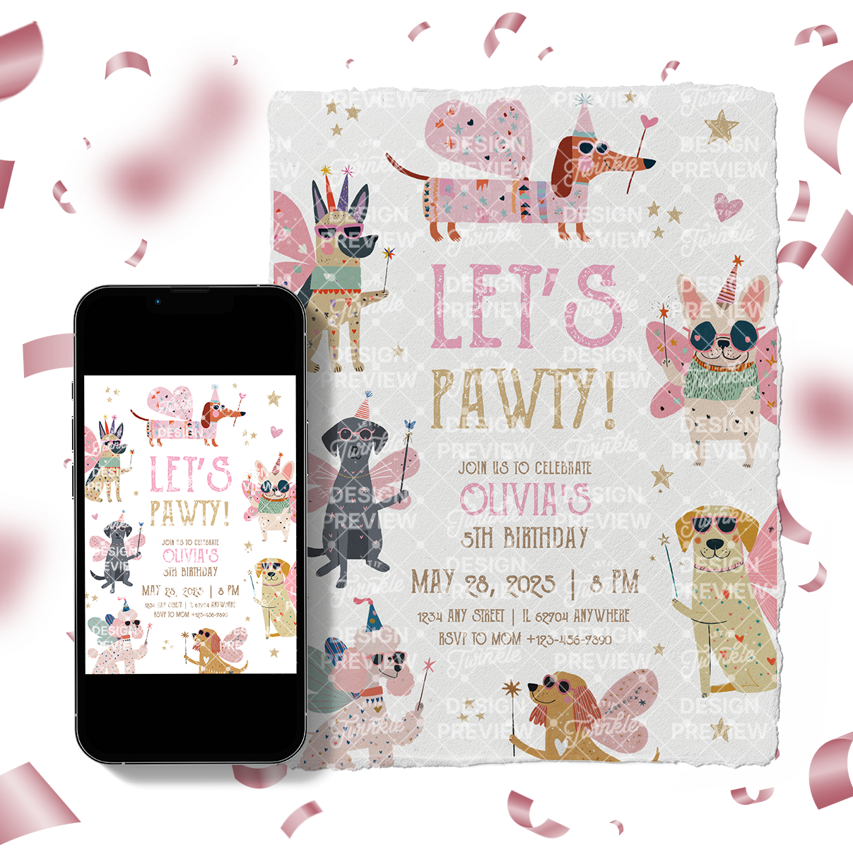 Let's Pawty Birthday Invitation Template • Editable Canva Invitation • Pink