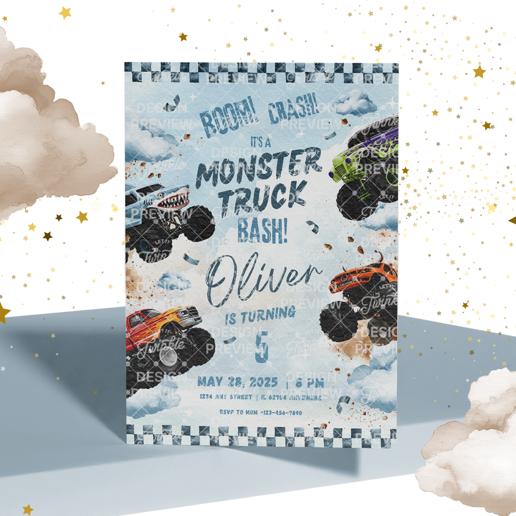 Monster Truck Bash Birthday Invitation Template • Editable Canva Invitation • Blue