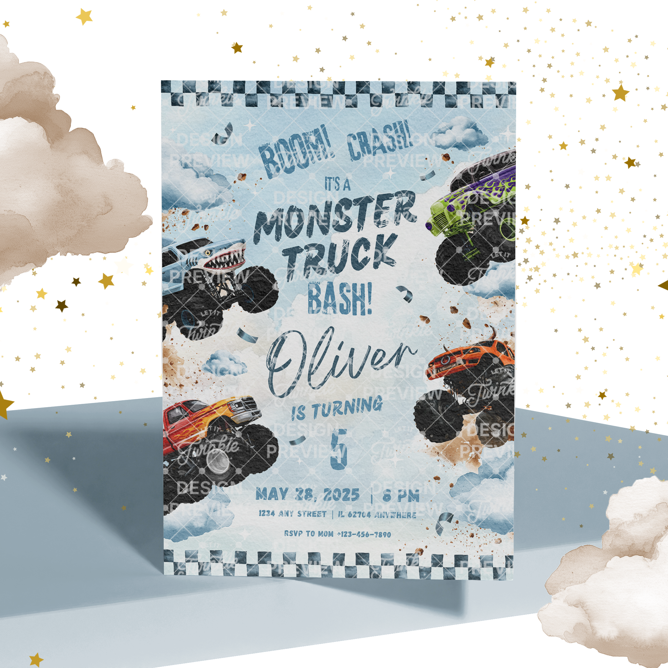Monster Truck Bash Birthday Invitation Template • Editable Canva Invitation • Blue