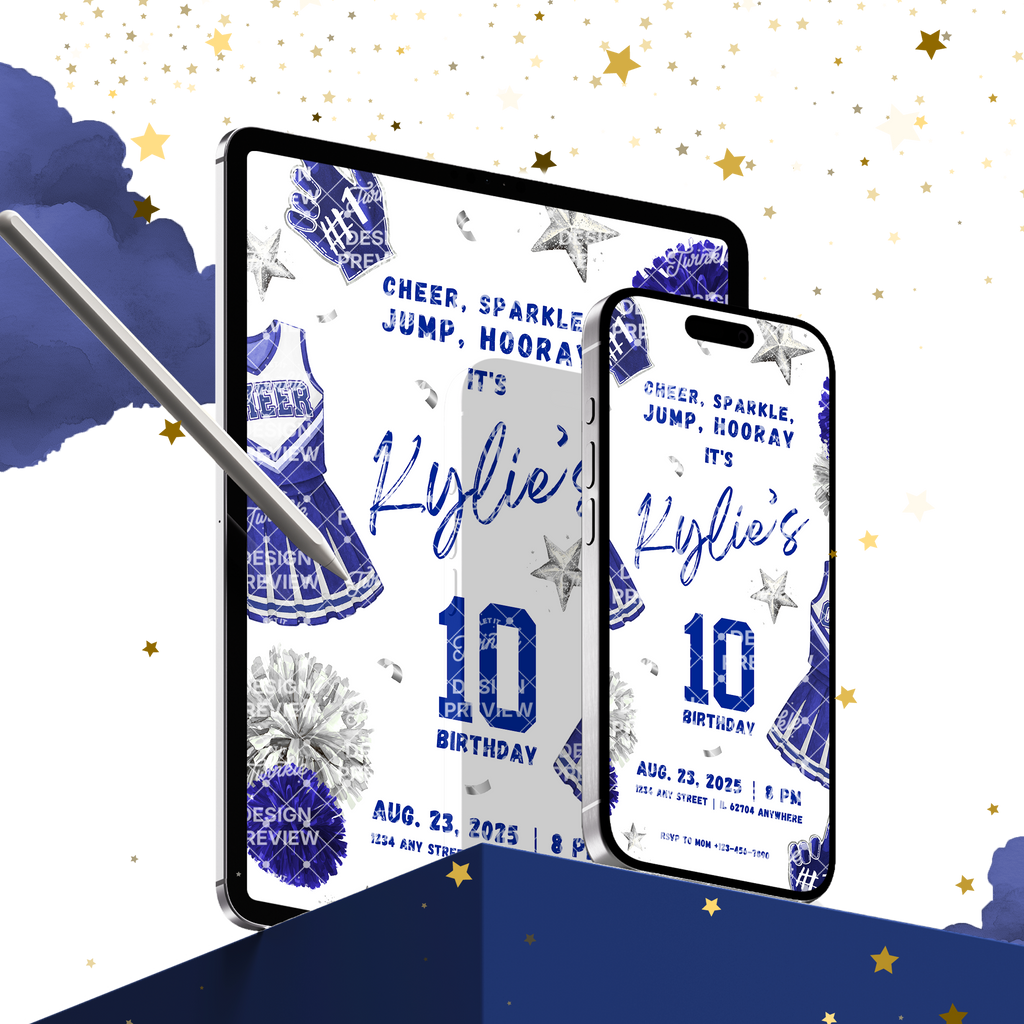 Cheerleader Birthday Invitation Template • Editable Canva Invitation • Blue & Silver