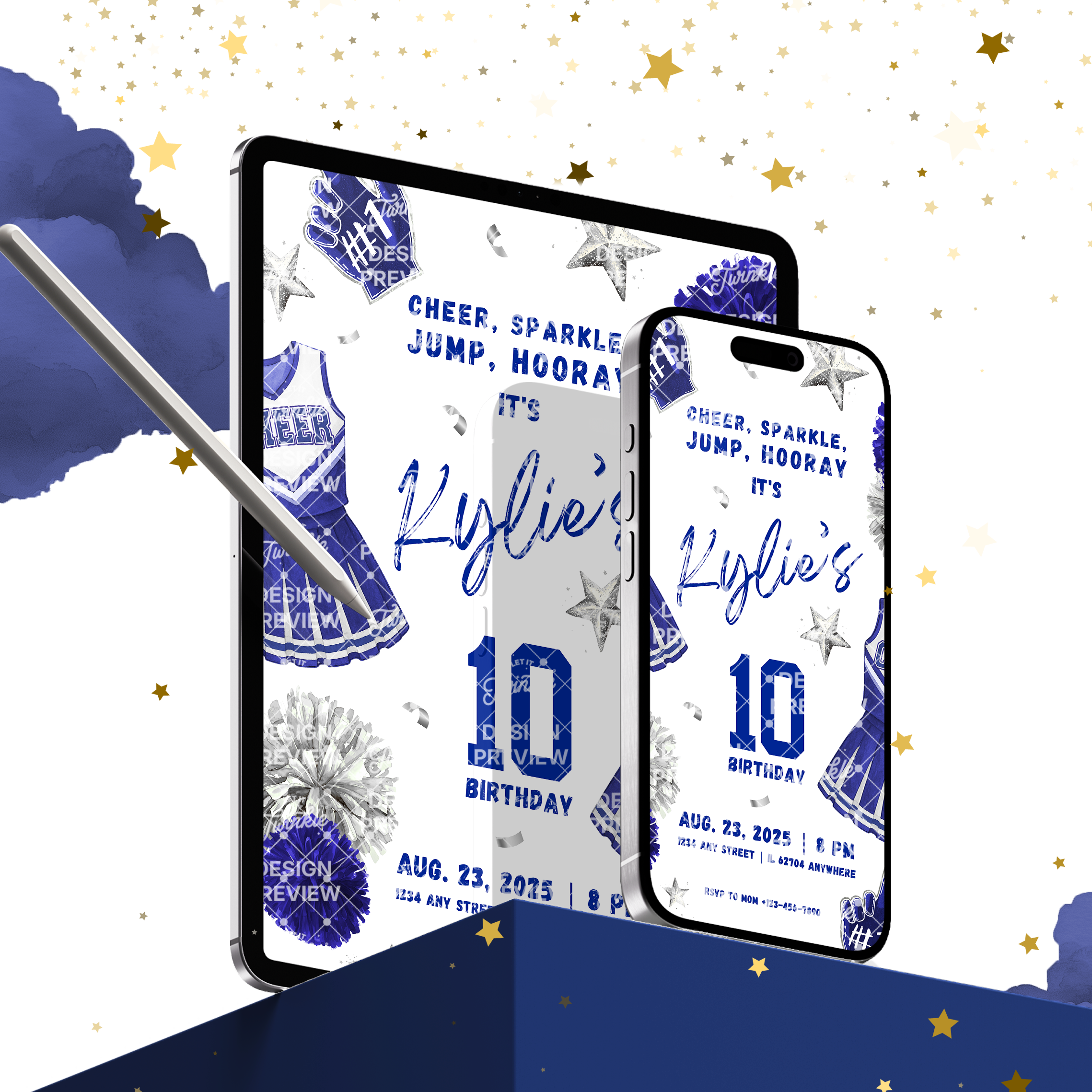 Cheerleader Birthday Invitation Template • Editable Canva Invitation • Blue & Silver