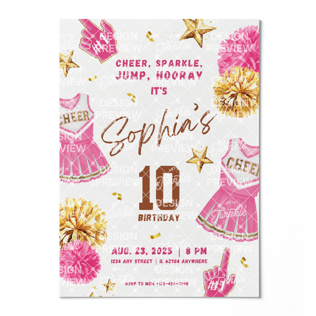 Cheerleader Birthday Invitation Template • Editable Canva Invitation • Pink & Gold