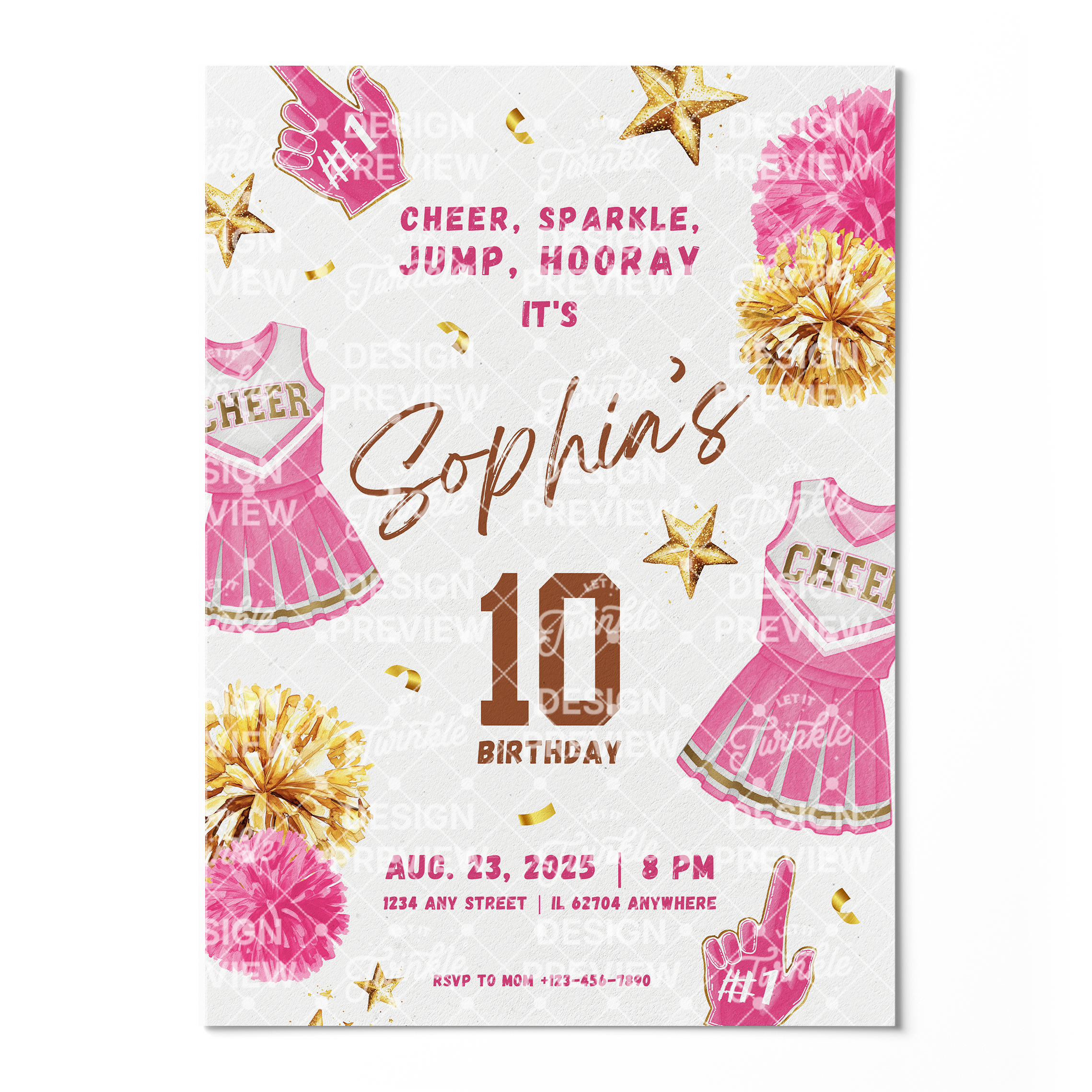 Cheerleader Birthday Invitation Template • Editable Canva Invitation • Pink & Gold