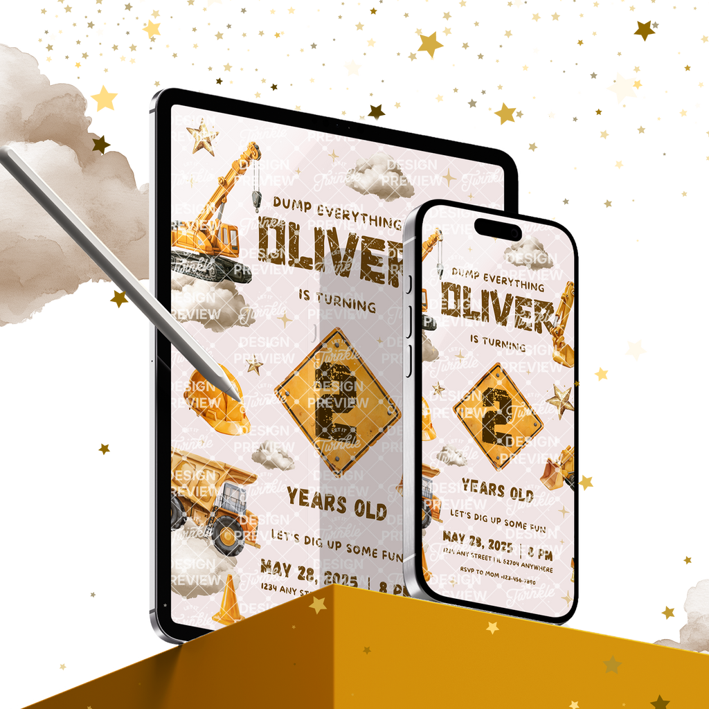 Construction Sign Birthday Invitation Template • Editable Canva Invitation • Yellow, Beige & Gold
