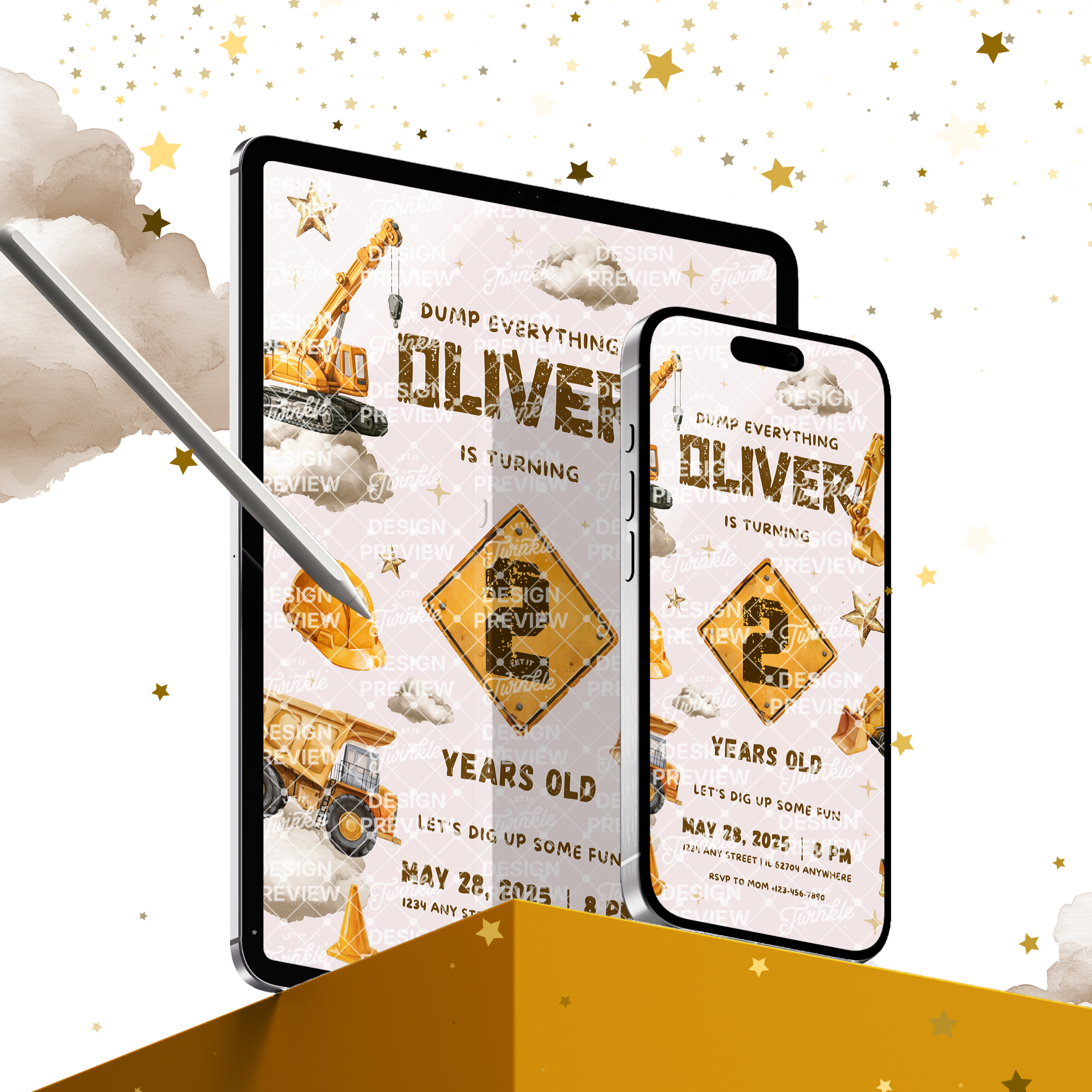 Construction Sign Birthday Invitation Template • Editable Canva Invitation • Yellow, Beige & Gold