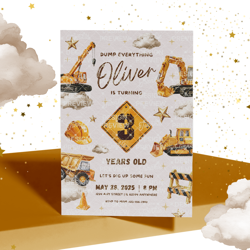 Construction Sign Birthday Invitation Template • Editable Canva Invitation • Yellow, Beige & Gold