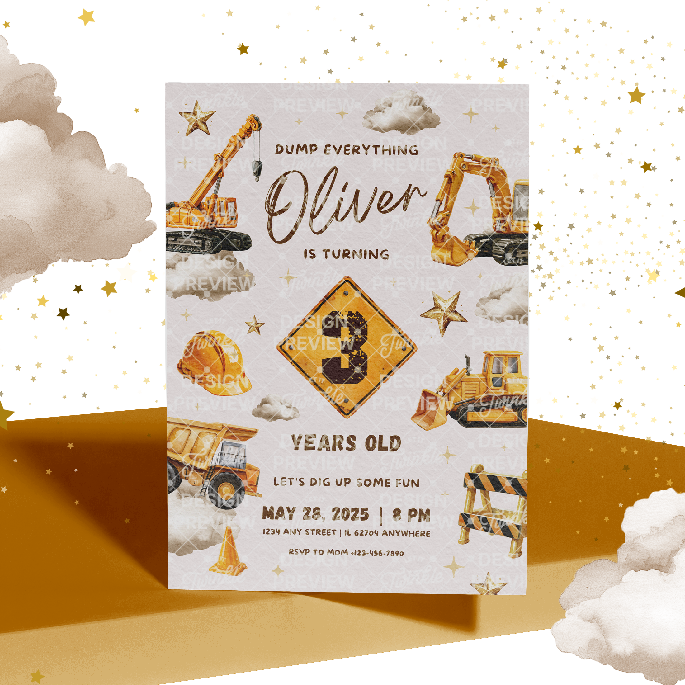 Construction Sign Birthday Invitation Template • Editable Canva Invitation • Yellow, Beige & Gold