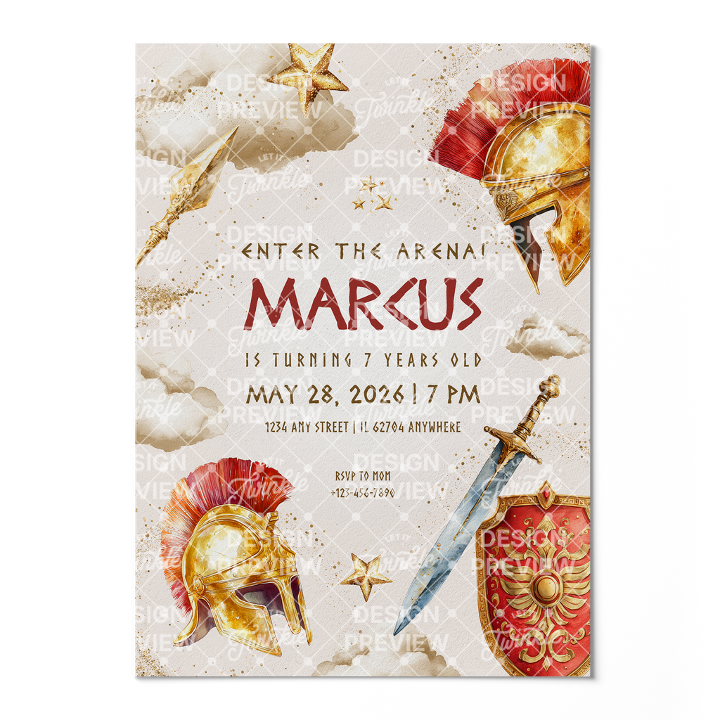 Gladiator Birthday Invitation Template • Editable Canva Invitation • Red & Gold