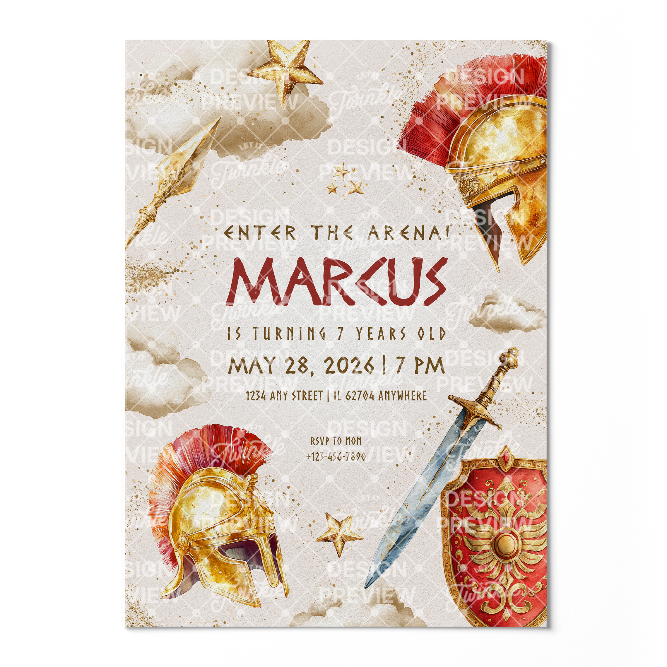 Gladiator Birthday Invitation Template • Editable Canva Invitation • Red & Gold