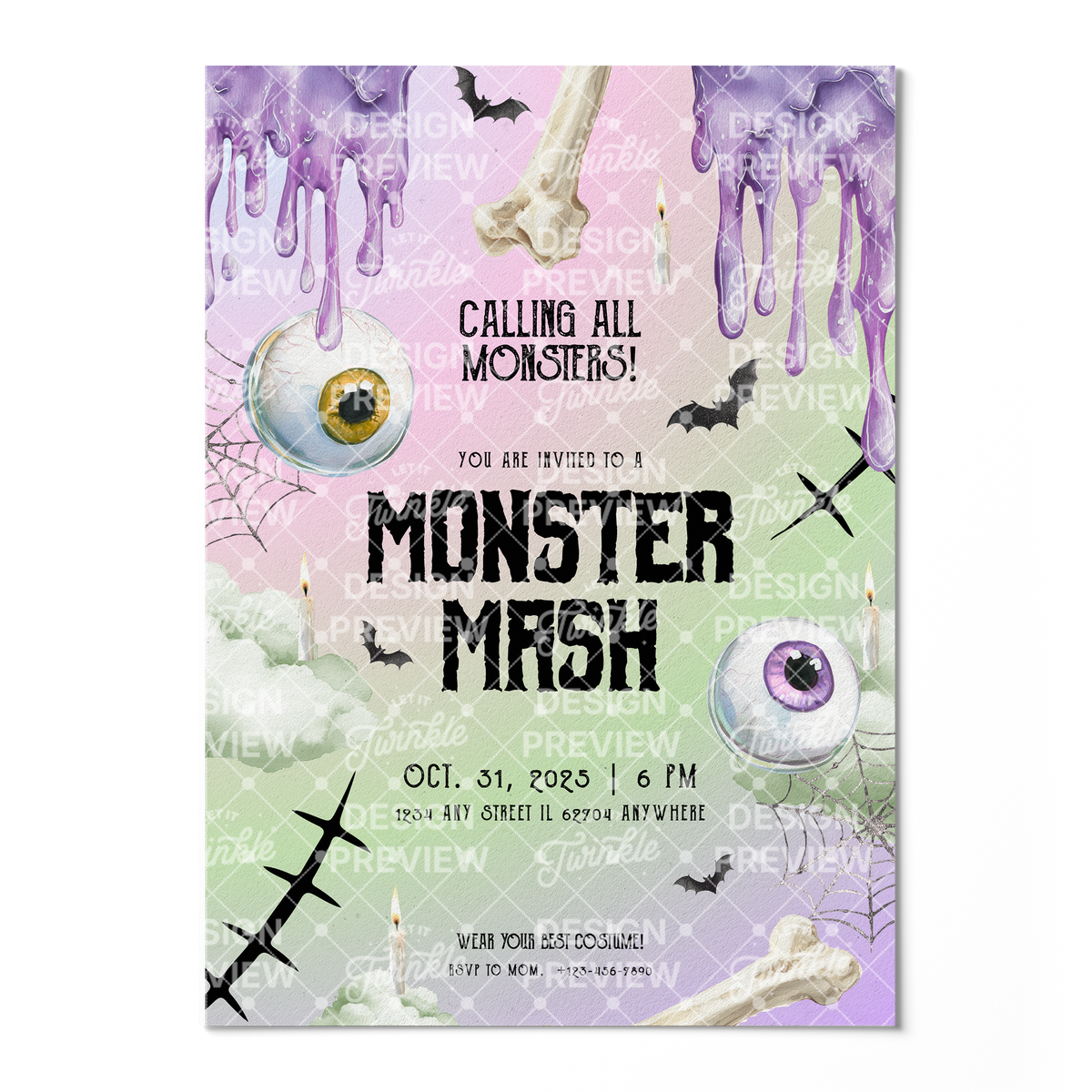 Monster Mash Halloween Invitation Template • Editable Canva Invitation • Purple & Green