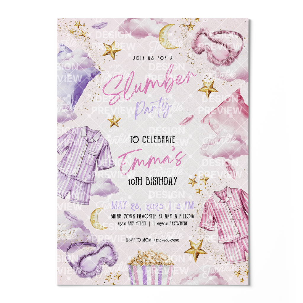 Slumber Party Birthday Invitation Template • Editable Canva Invitation • Purple & Pink