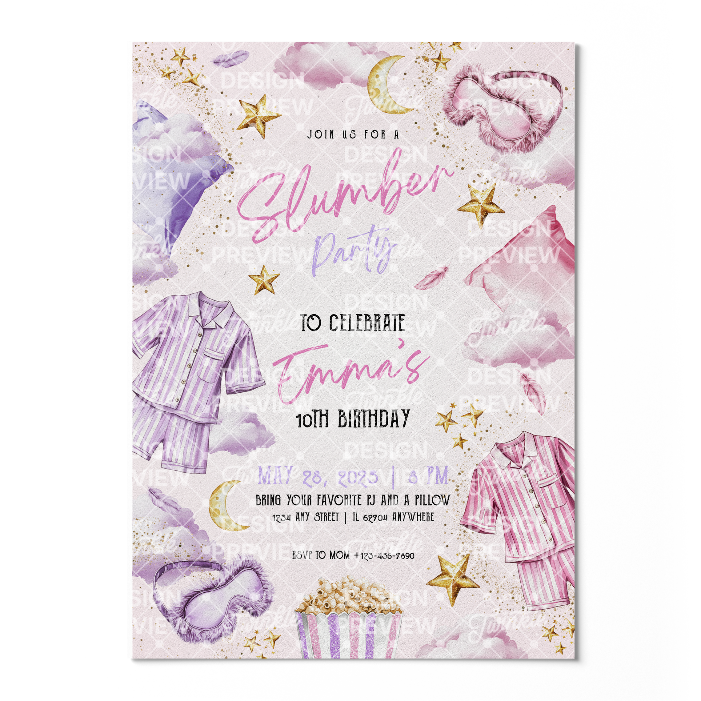 Slumber Party Birthday Invitation Template • Editable Canva Invitation • Purple & Pink