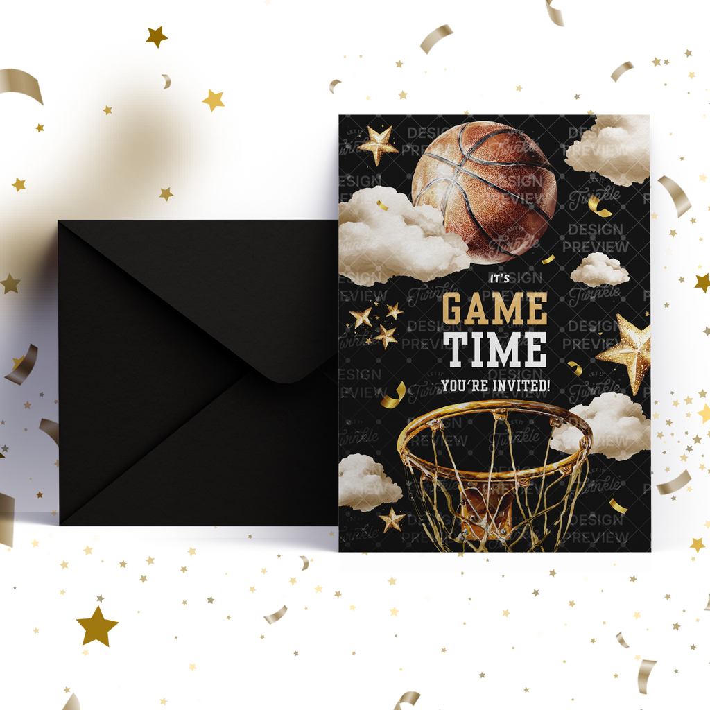Basketball Birthday Invitation Template • Editable Canva Invitation • Black & Gold