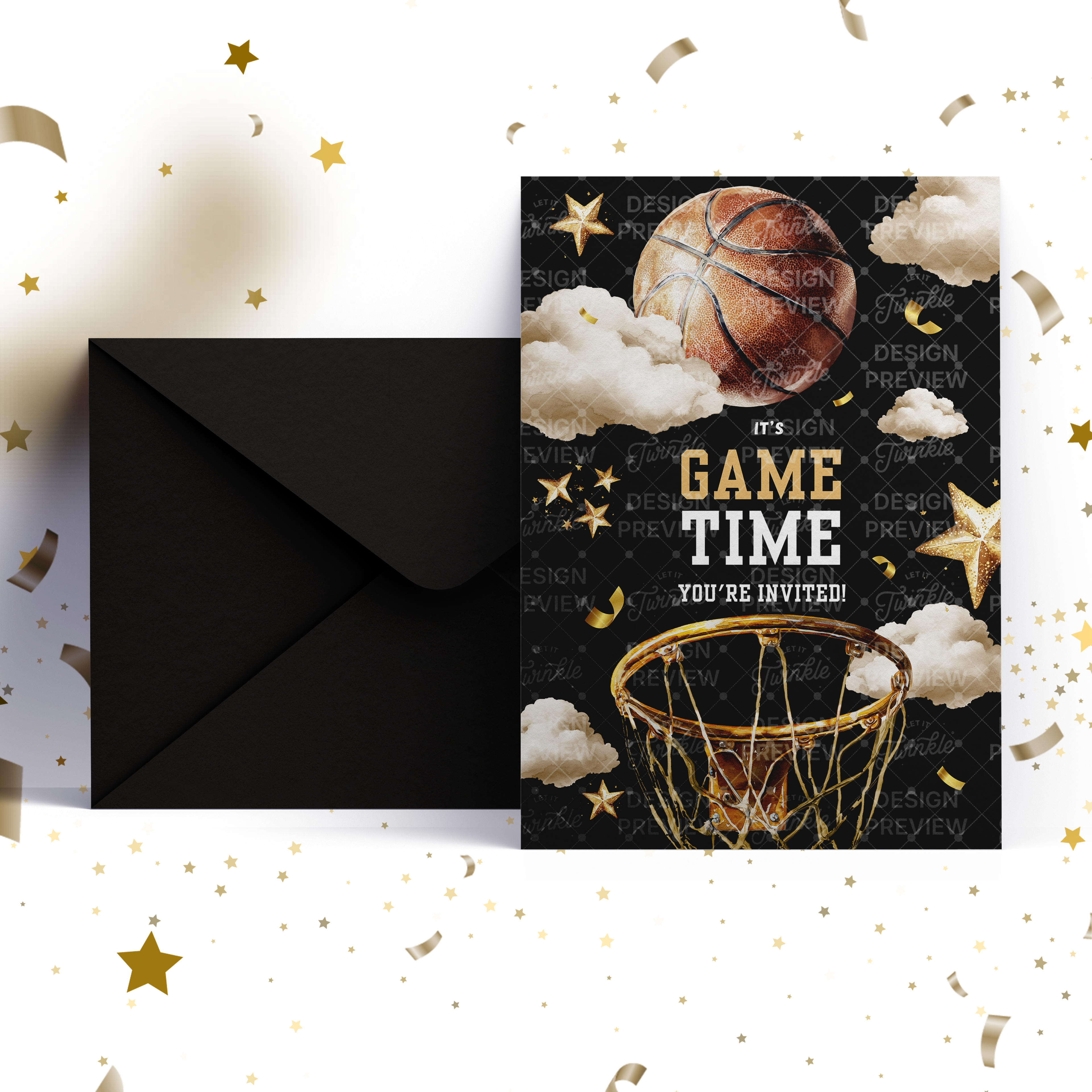 Basketball Birthday Invitation Template • Editable Canva Invitation • Black & Gold