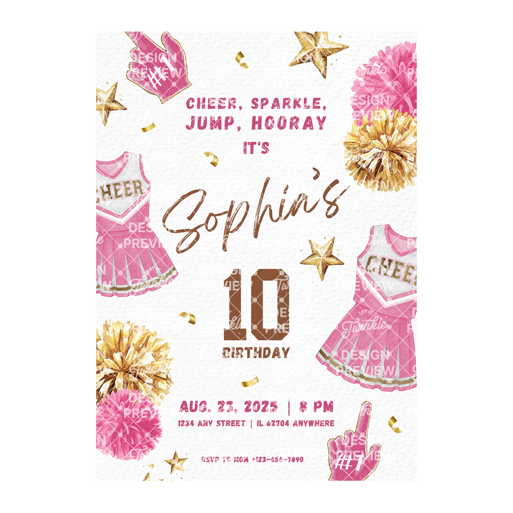 Cheerleader Birthday Invitation Template • Editable Canva Invitation • Pink & Gold