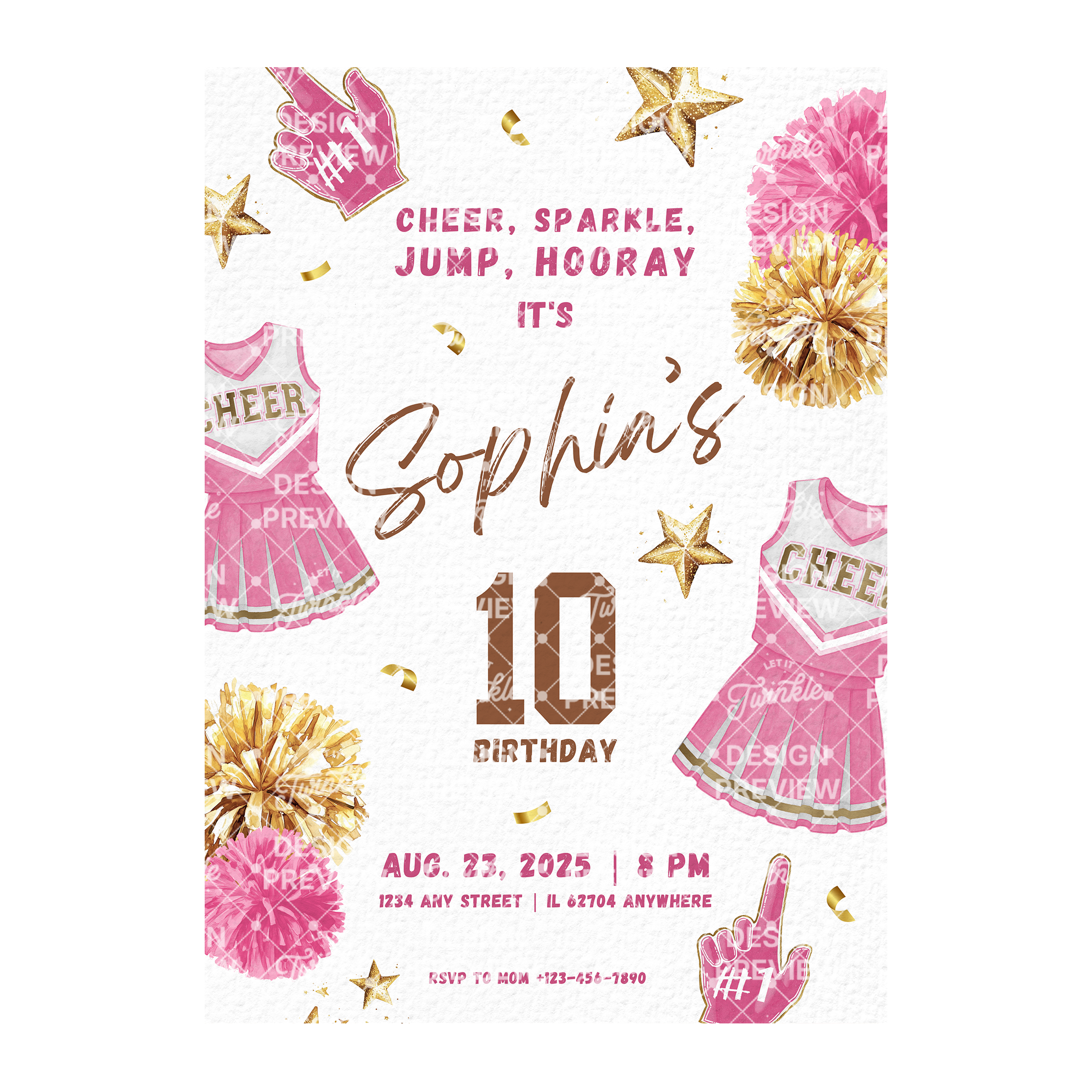 Cheerleader Birthday Invitation Template • Editable Canva Invitation • Pink & Gold