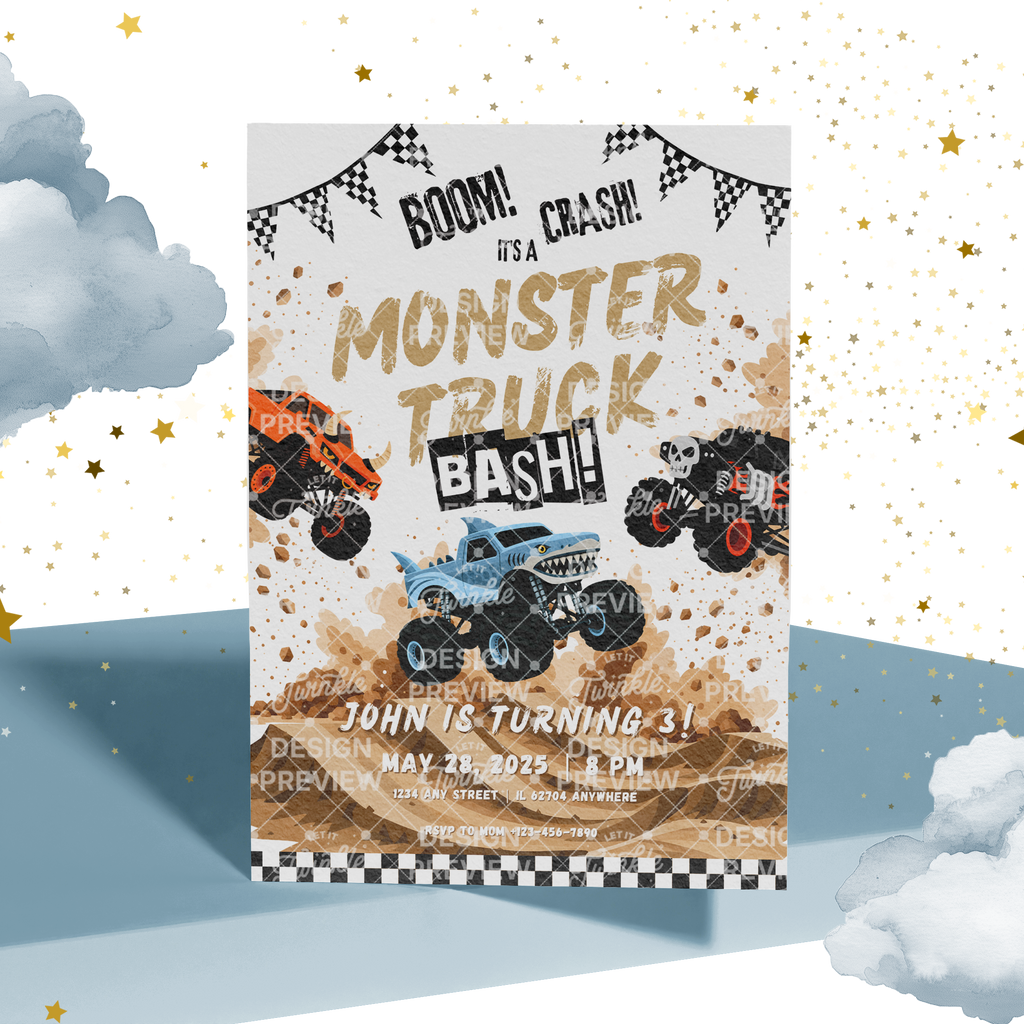 Monster Truck Bash Birthday Invitation Template • Editable Canva Invitation • Blue, Orange & Black