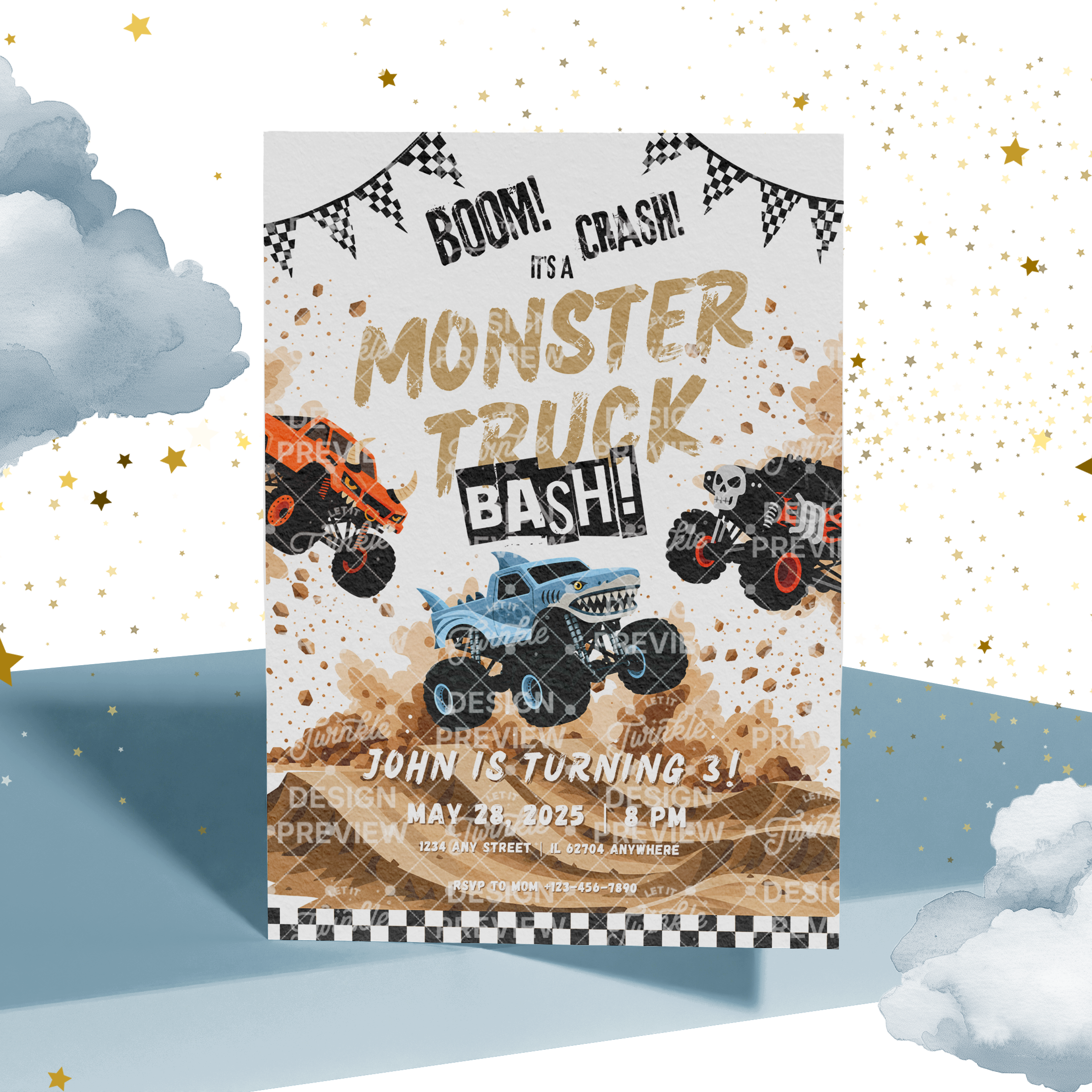 Monster Truck Bash Birthday Invitation Template • Editable Canva Invitation • Blue, Orange & Black