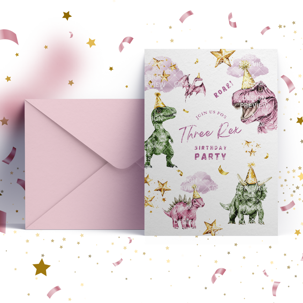 Three Rex Dinosaur Birthday Invitation Template • Editable Canva Invitation • Pink & Green
