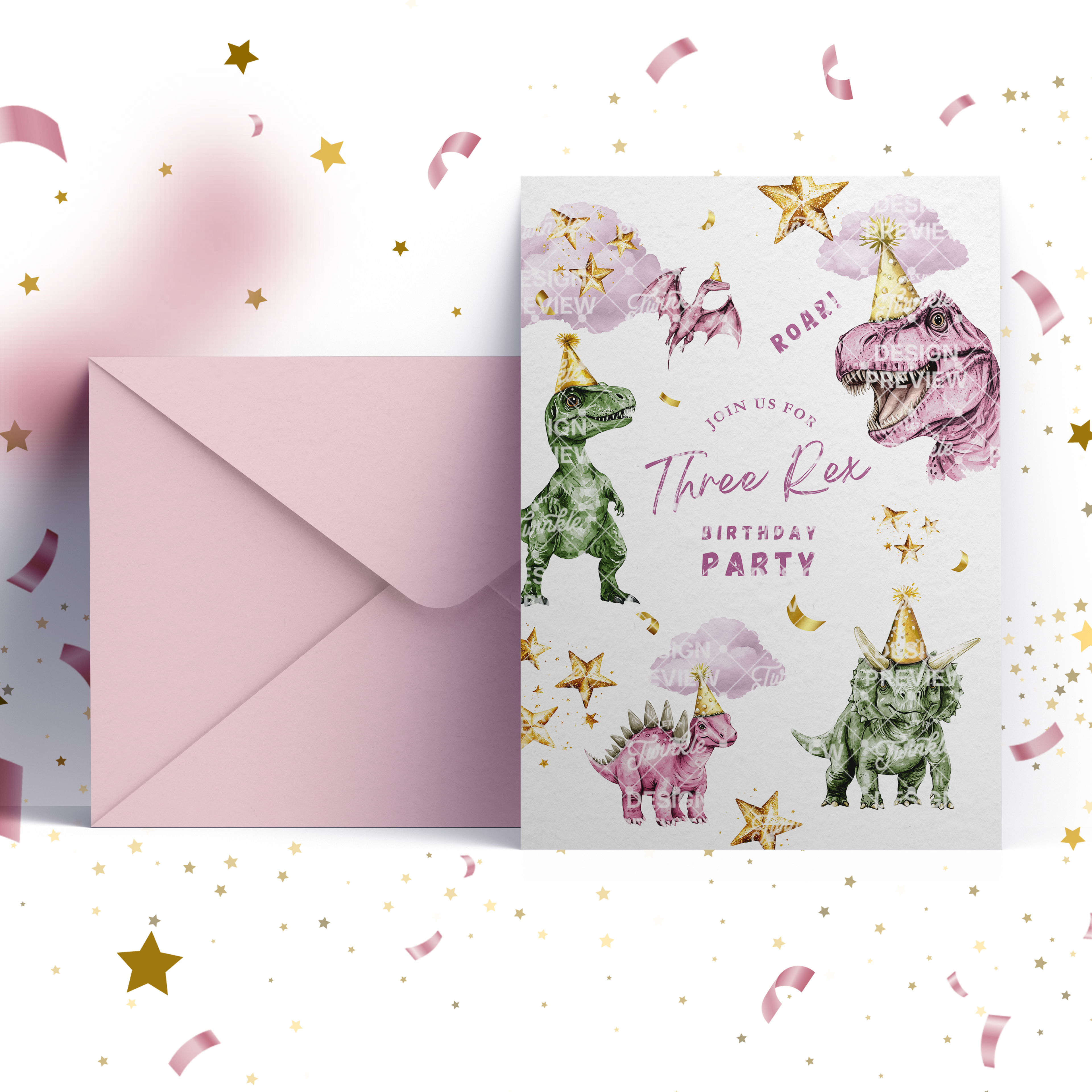 Three Rex Dinosaur Birthday Invitation Template • Editable Canva Invitation • Pink & Green